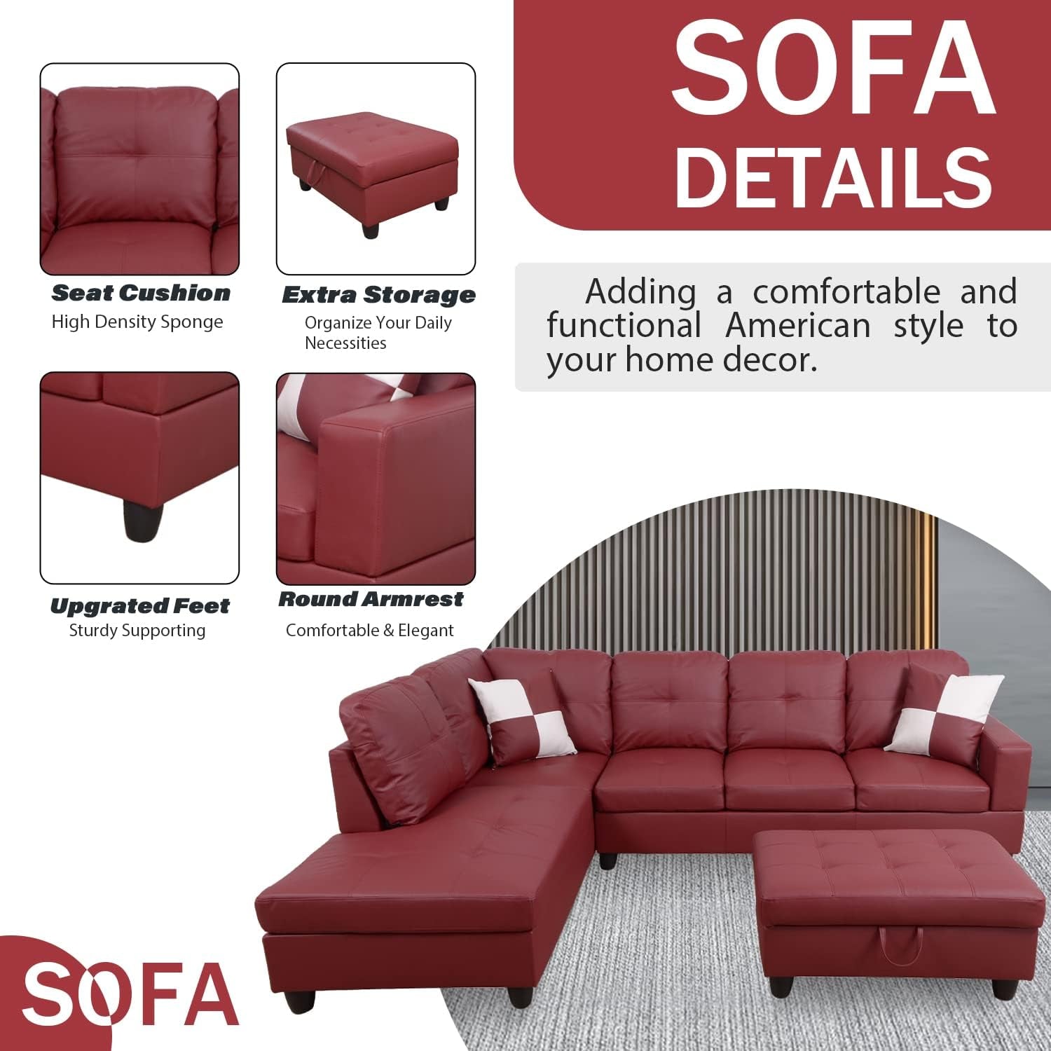 L Shaped Leather Sectional Sofa Red Left Hand Facing