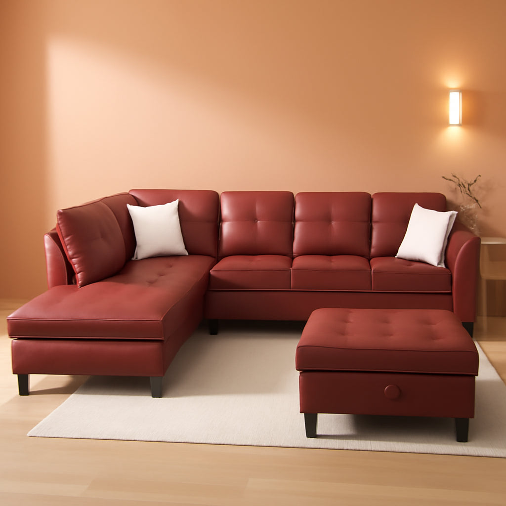 L Shaped Leather Sectional Sofa Red Left Hand Facing