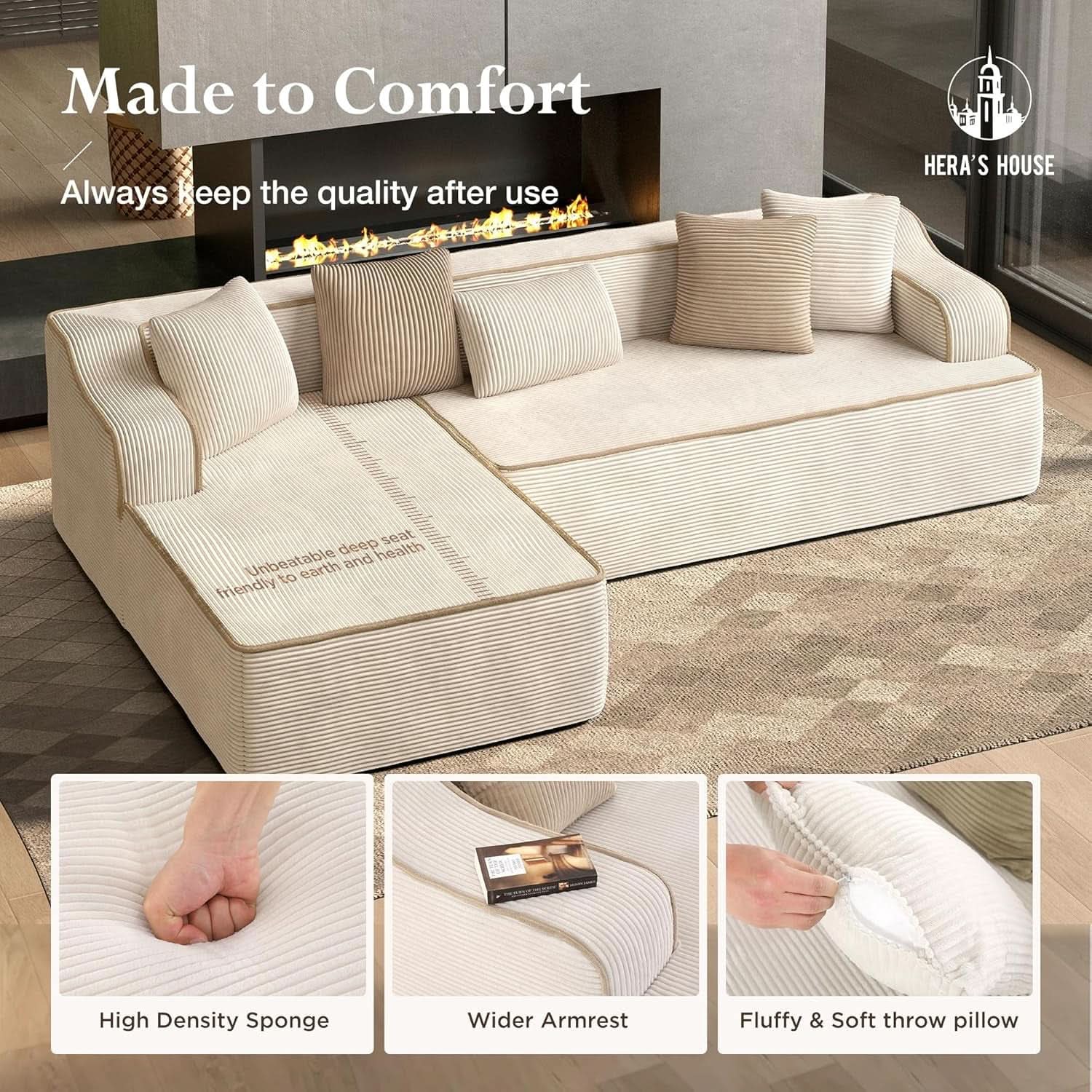 L Shaped Modern Sofa with Chaise and Pillows