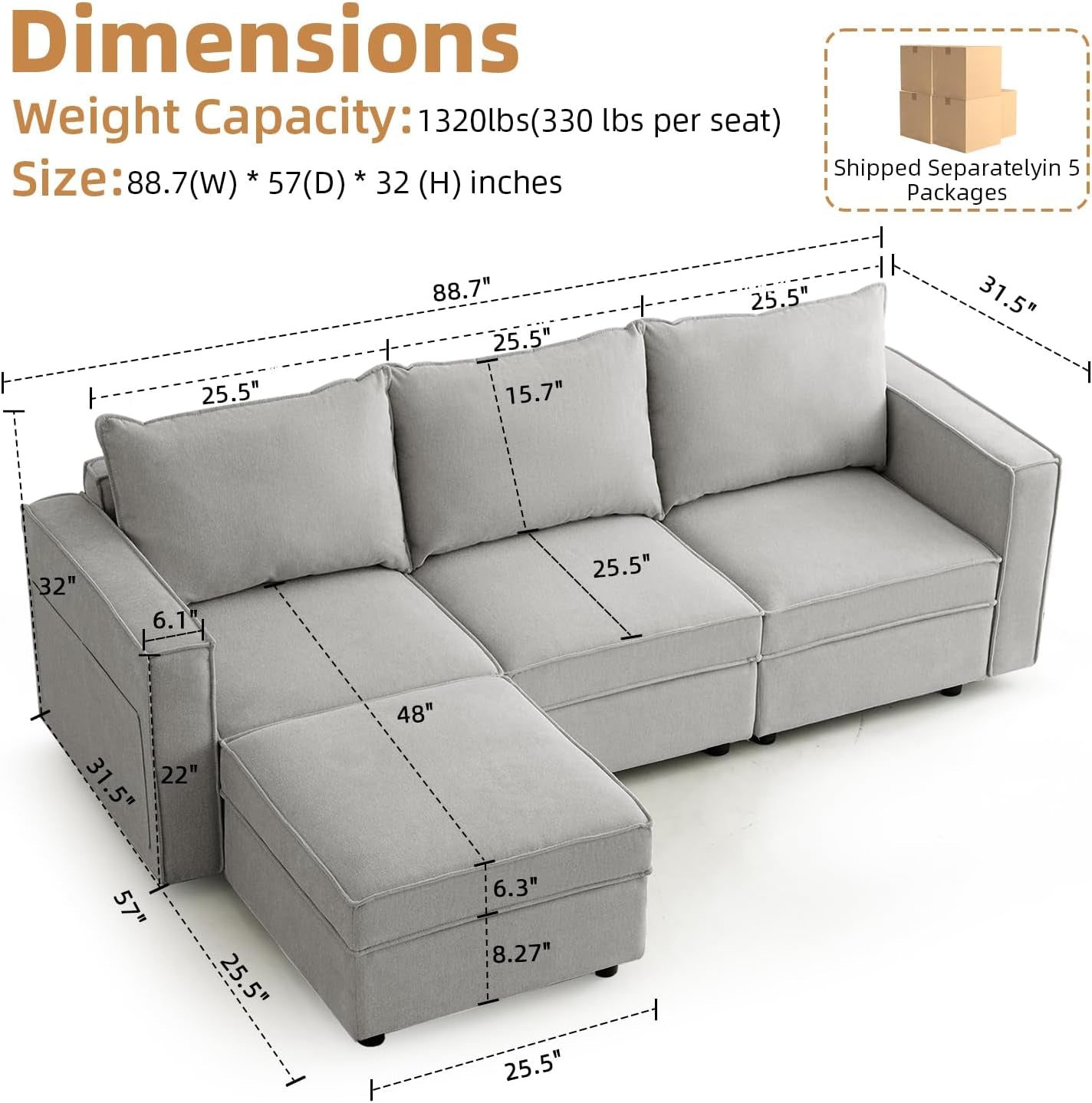 L Shaped Modular Sectional Sofa with Storage Ottoman