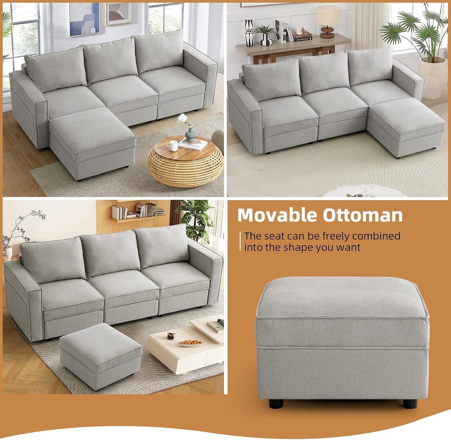 L Shaped Modular Sectional Sofa with Storage Ottoman