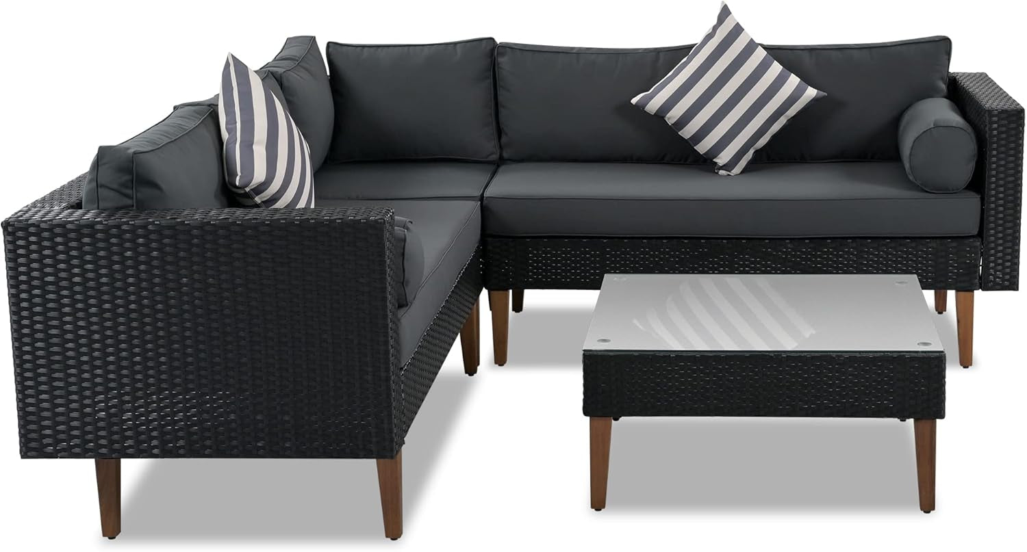 L-Shaped Outdoor Wicker Sofa Set with Colorful Pillows