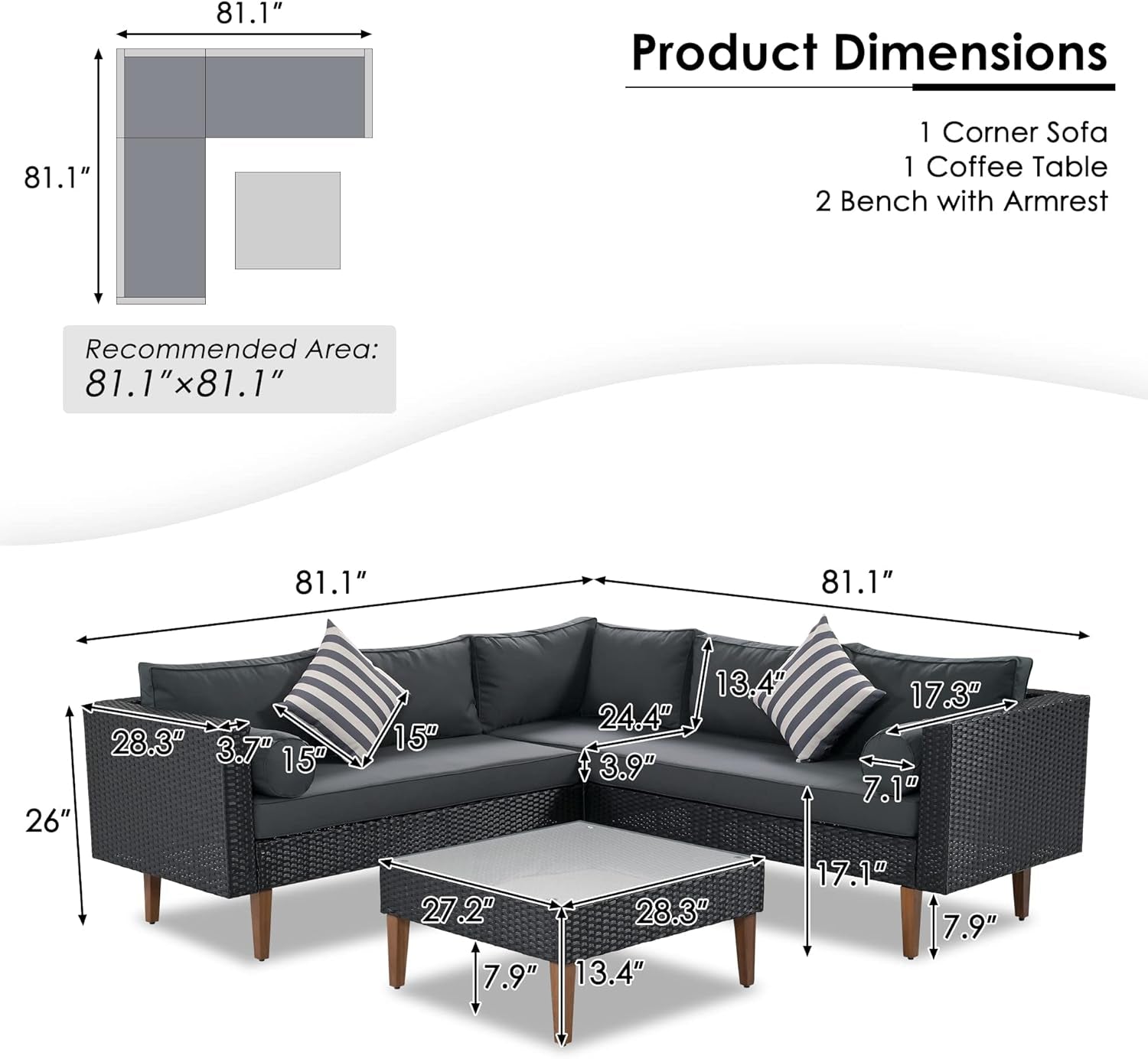 L-Shaped Outdoor Wicker Sofa Set with Colorful Pillows