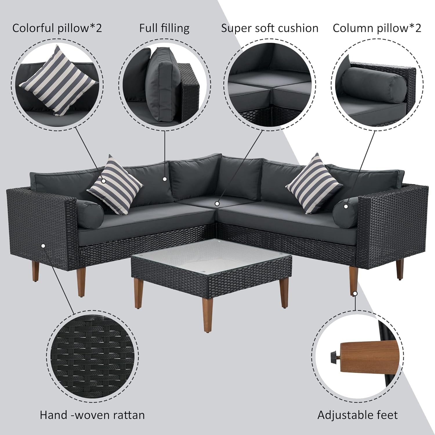 L-Shaped Outdoor Wicker Sofa Set with Colorful Pillows