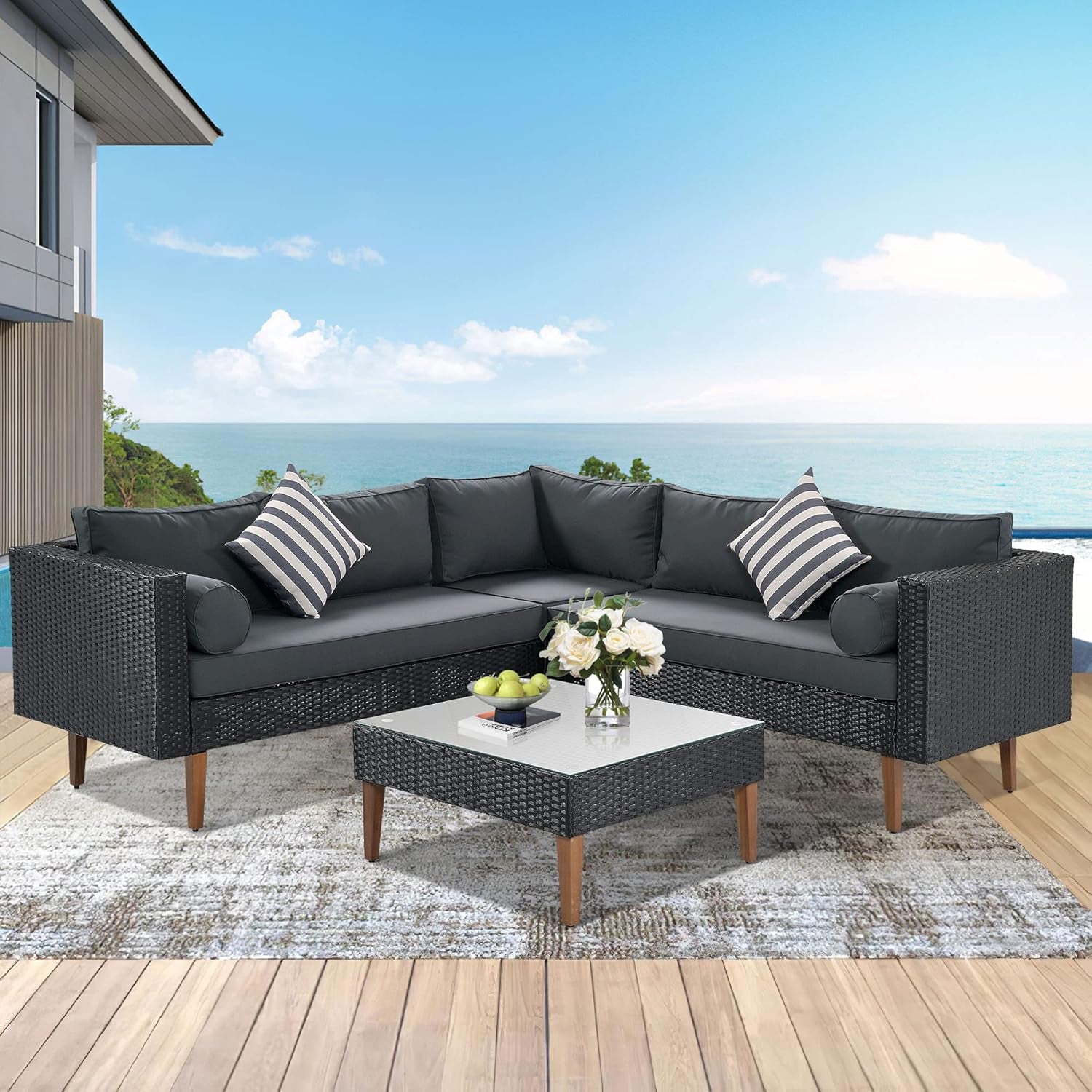 L-Shaped Outdoor Wicker Sofa Set with Colorful Pillows
