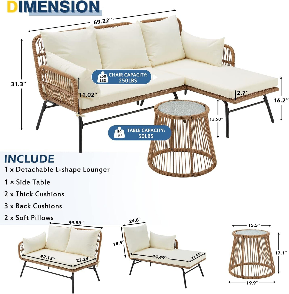 L Shaped Patio Furniture Set with Thick Cushions