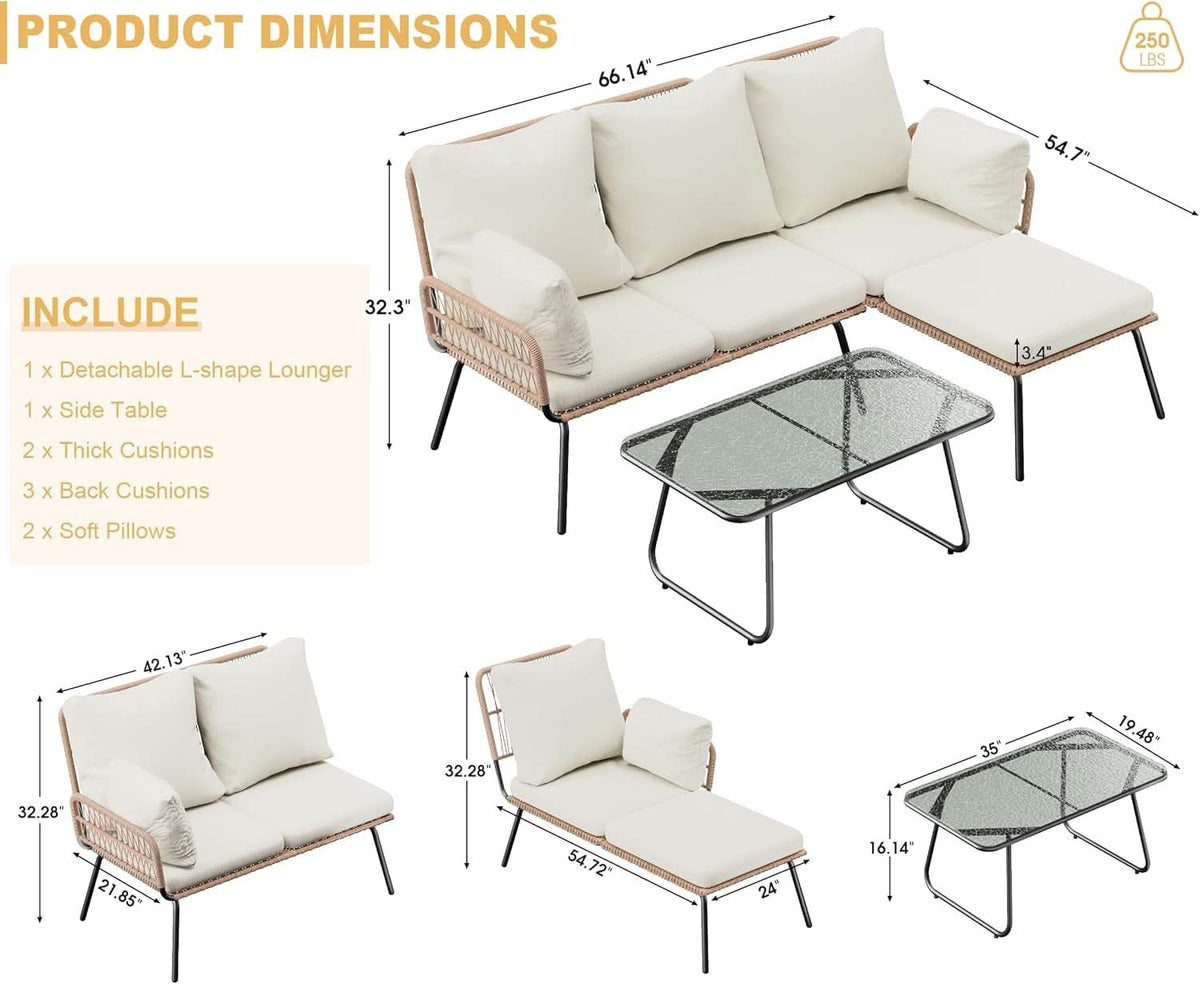 L Shaped Patio Loveseat Sectional Set Detachable Lounger With Thick Cushions