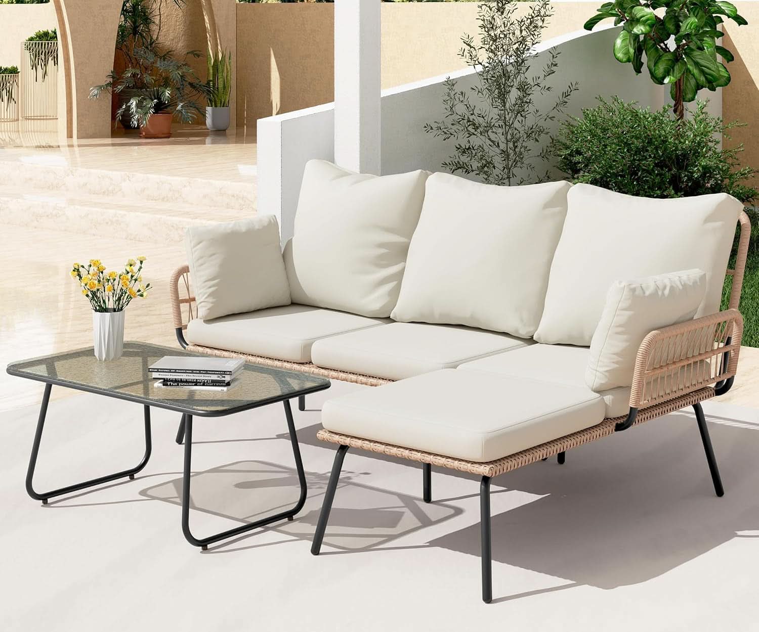 L Shaped Patio Loveseat Sectional Set Detachable Lounger With Thick Cushions