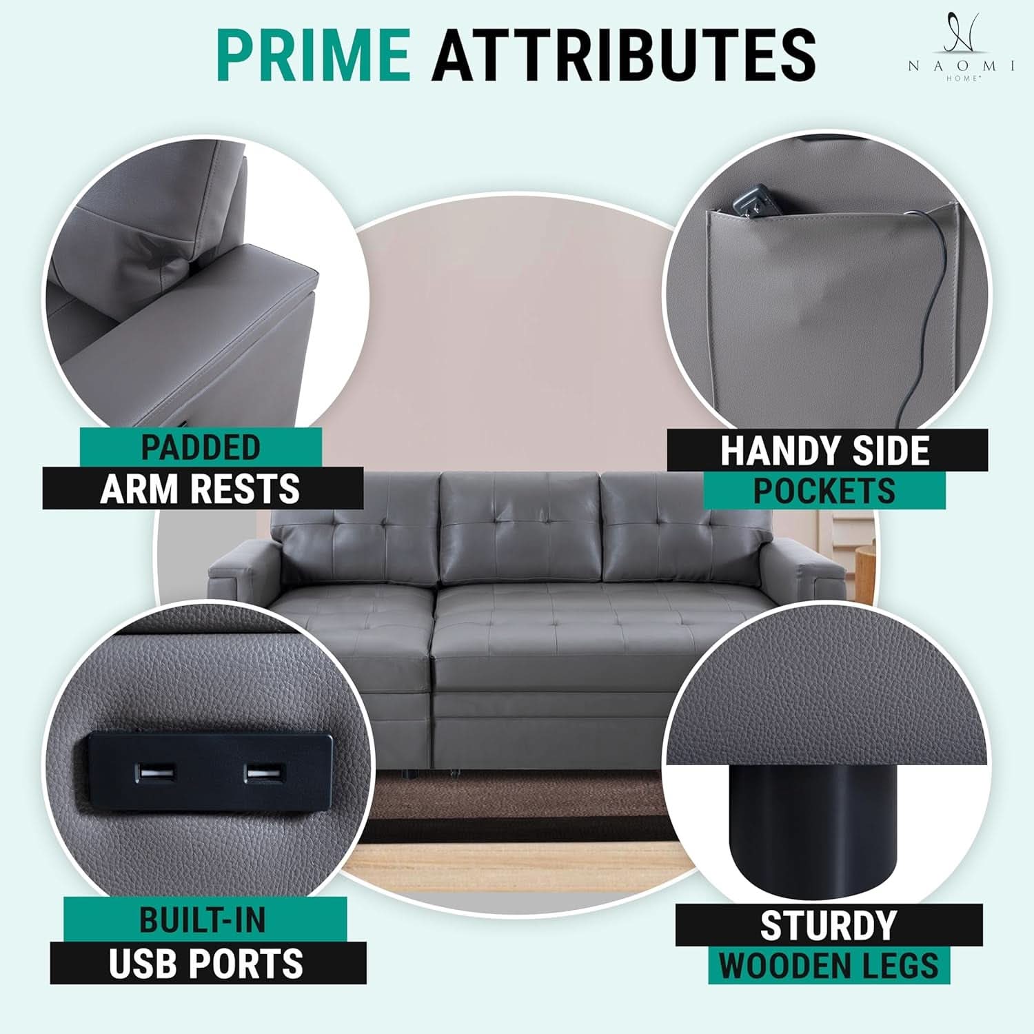 L Shaped Sectional Sleeper Sofa With USB Ports Gray Leather