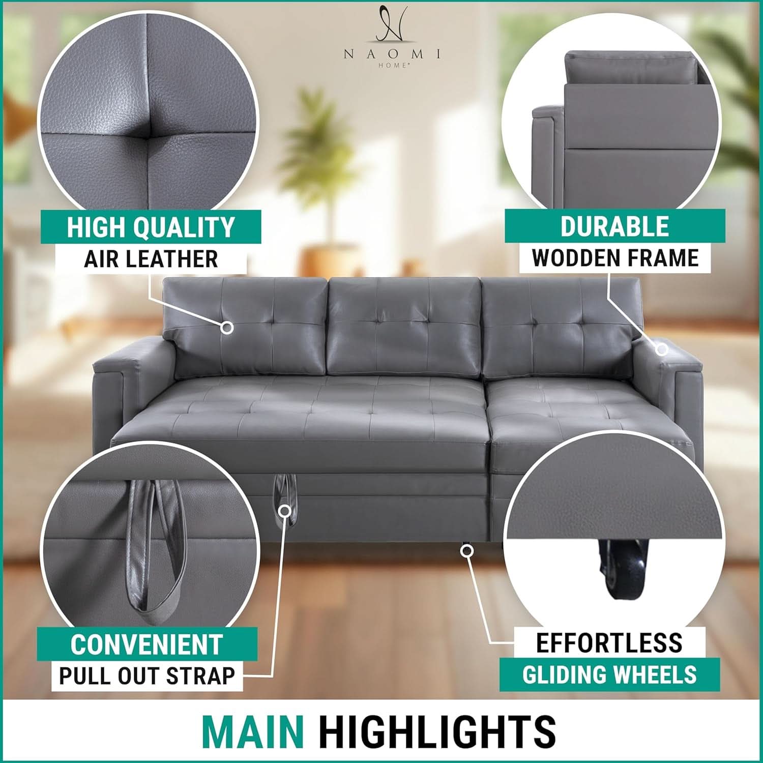L Shaped Sectional Sleeper Sofa With USB Ports Gray Leather