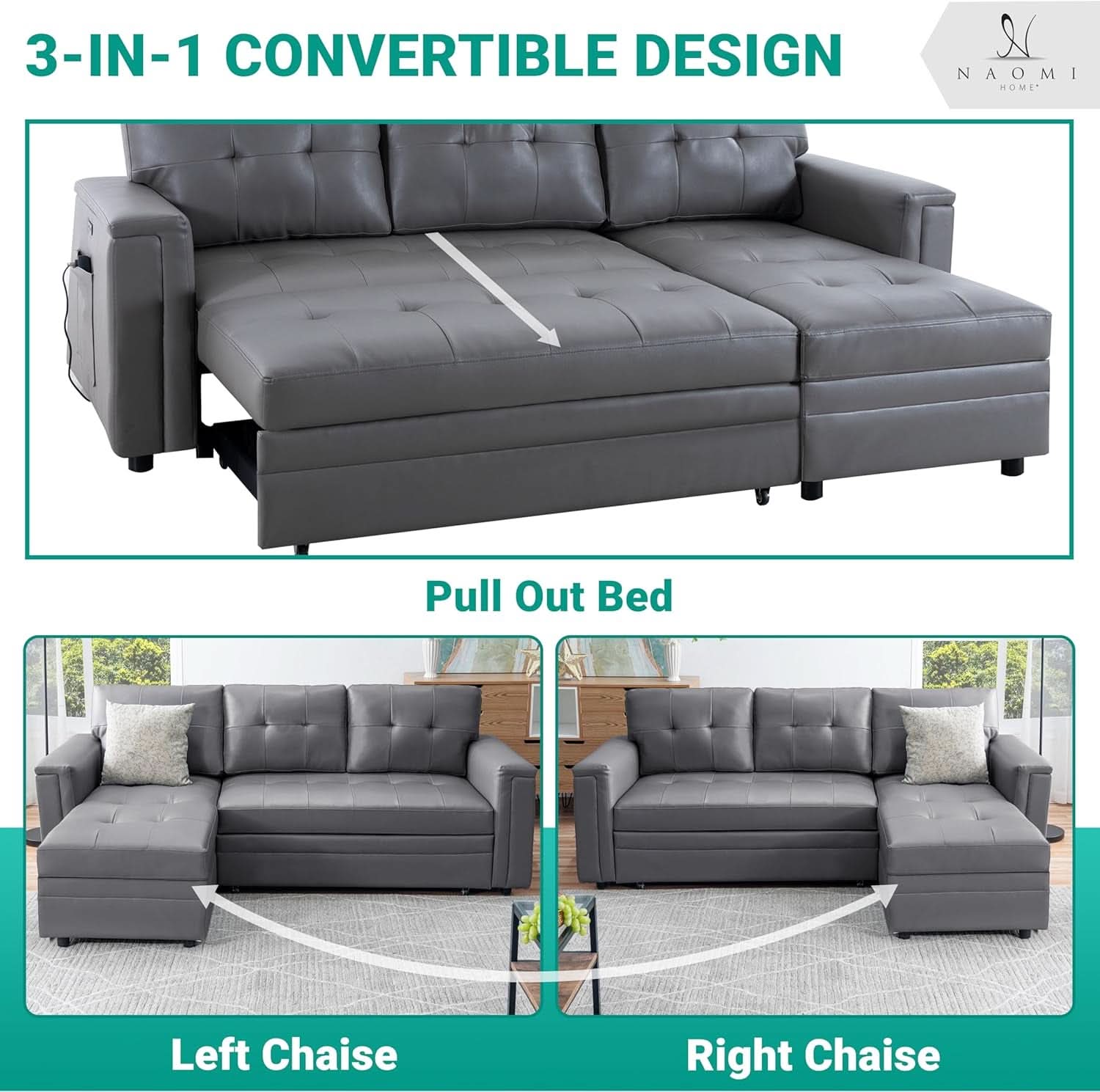 L Shaped Sectional Sleeper Sofa With USB Ports Gray Leather