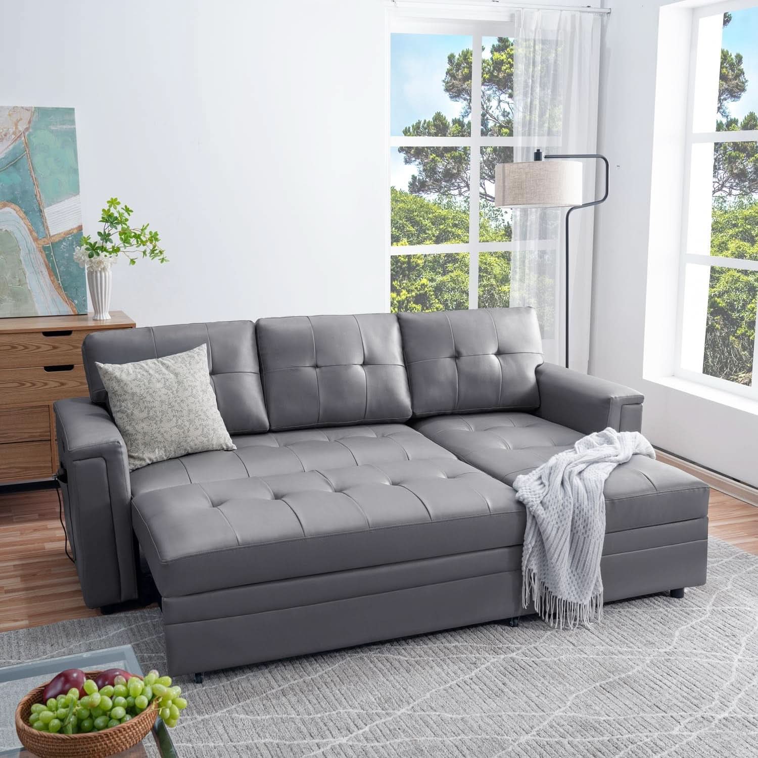 L Shaped Sectional Sleeper Sofa With USB Ports Gray Leather