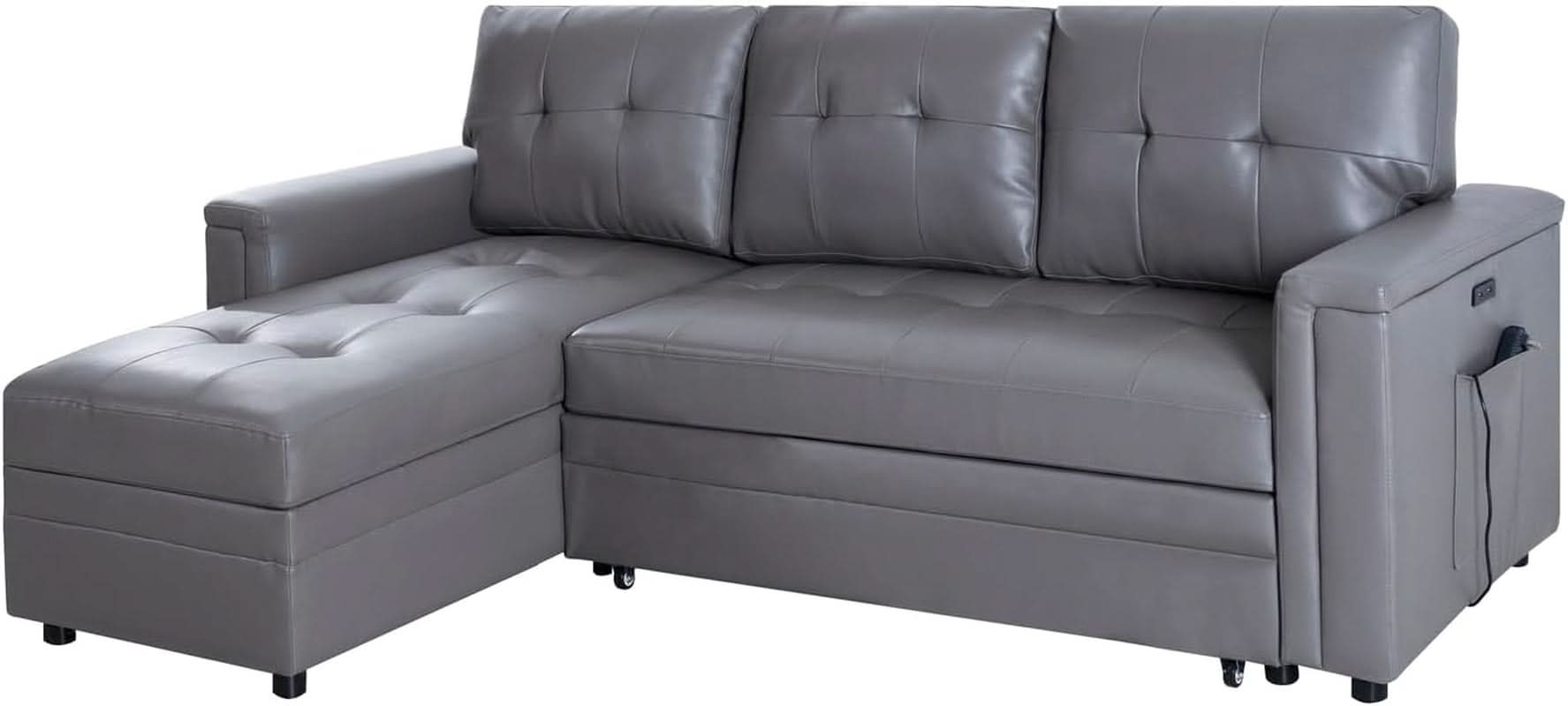 L Shaped Sectional Sleeper Sofa With USB Ports Gray Leather