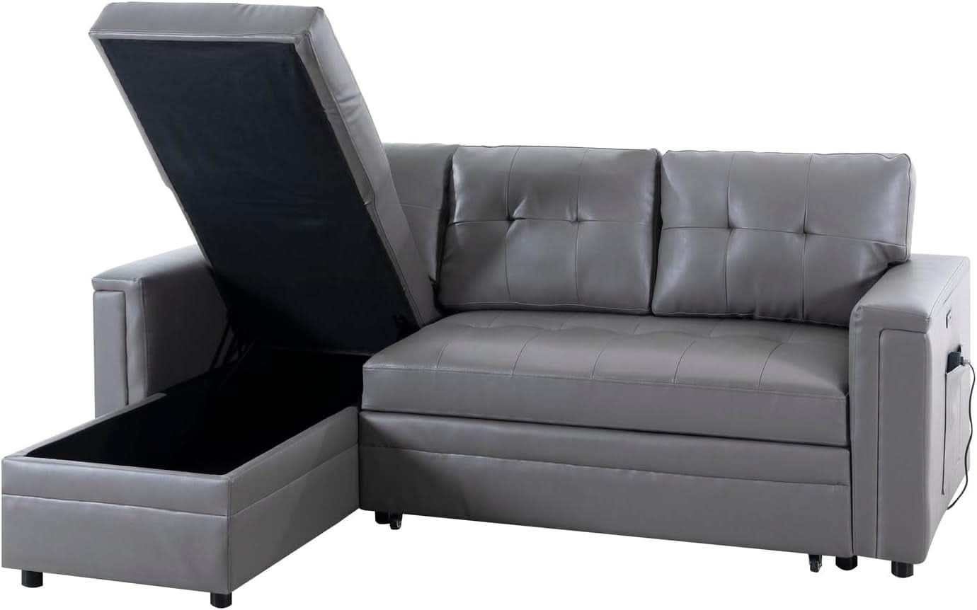 L Shaped Sectional Sleeper Sofa With USB Ports Gray Leather