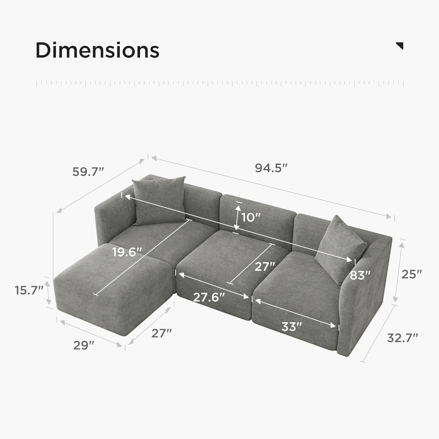 L Shaped Sectional Sofa Convertible In Linen Grey Modern
