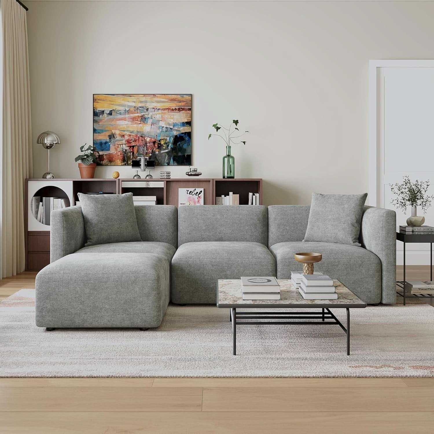L Shaped Sectional Sofa Convertible In Linen Grey Modern