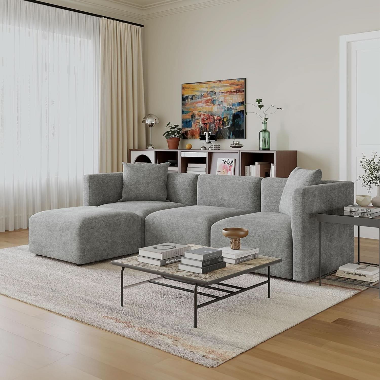L Shaped Sectional Sofa Convertible In Linen Grey Modern