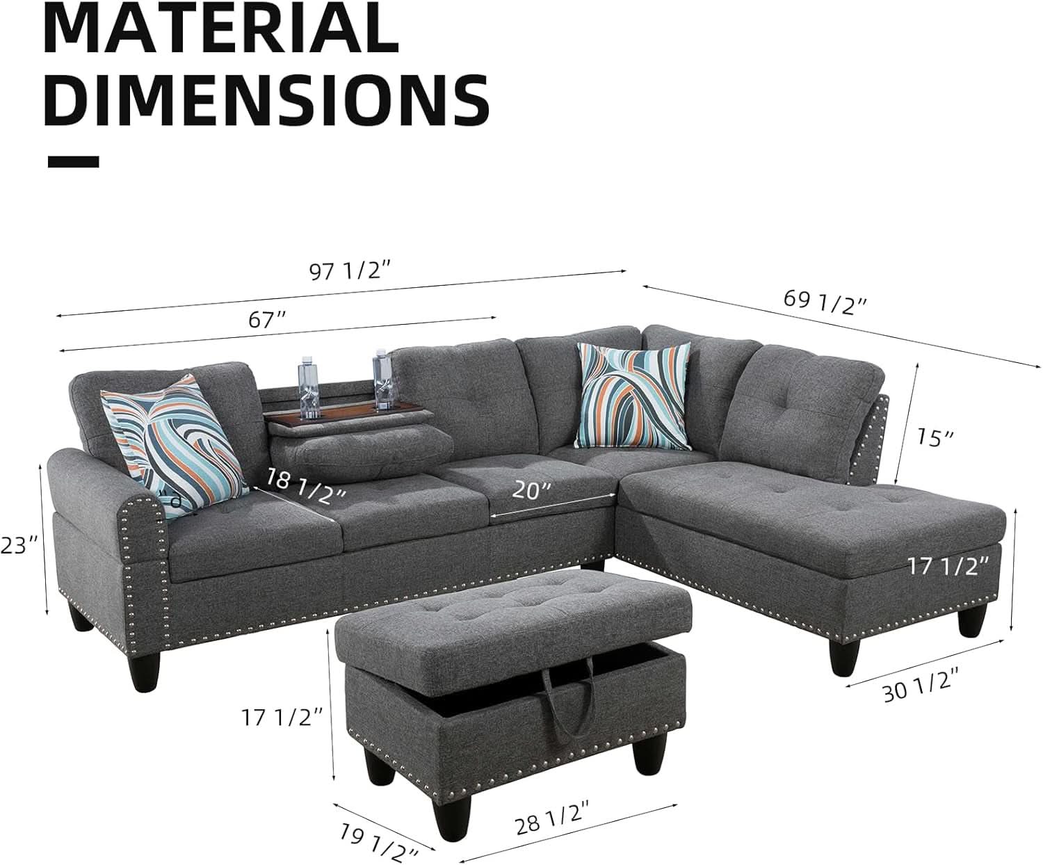 L Shaped Sectional Sofa Ottoman Linen Nail Head Cup Holder