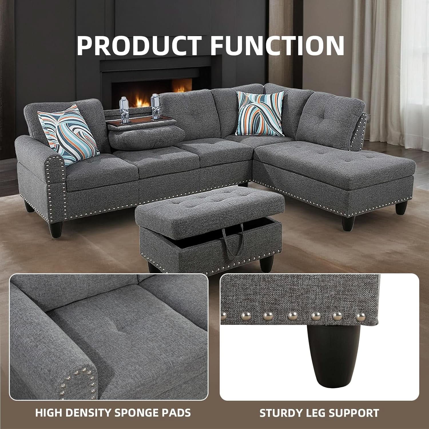 L Shaped Sectional Sofa Ottoman Linen Nail Head Cup Holder