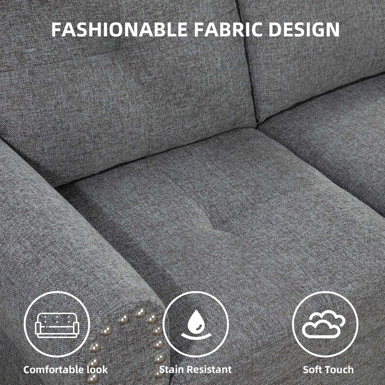 L Shaped Sectional Sofa Ottoman Linen Nail Head Cup Holder