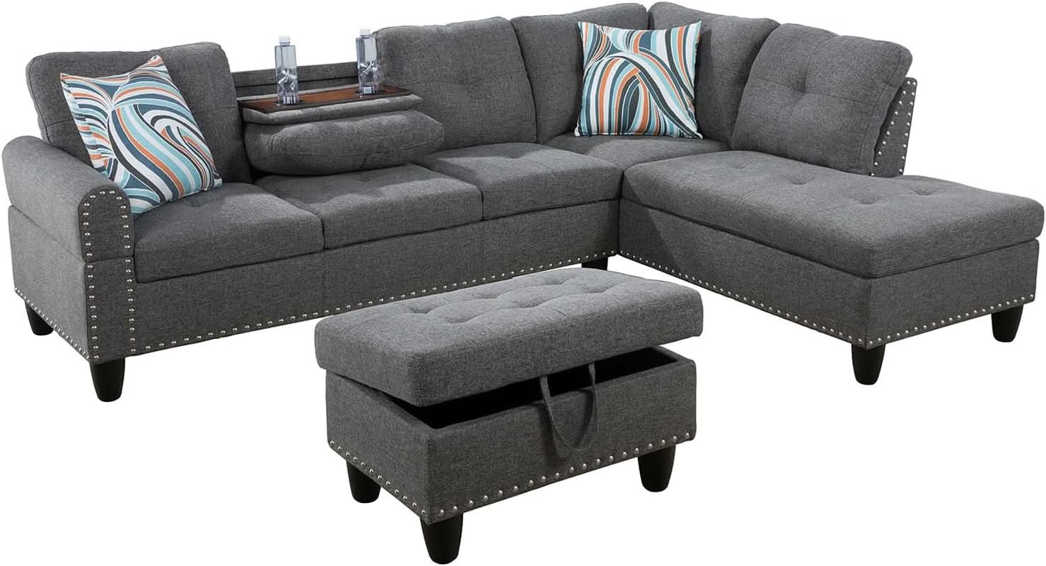 L Shaped Sectional Sofa Ottoman Linen Nail Head Cup Holder