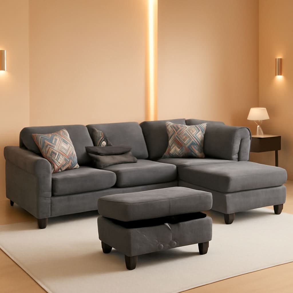 L Shaped Sectional Sofa Ottoman Linen Nail Head Cup Holder