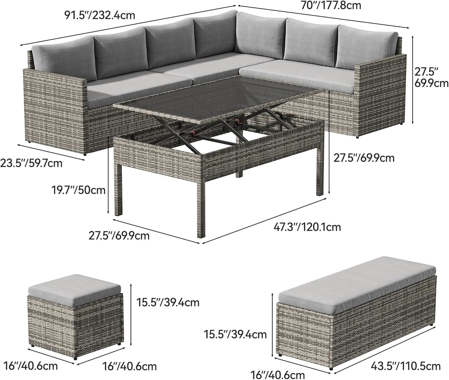 L Shaped Sectional Sofa Set With Lift Top Table Gray