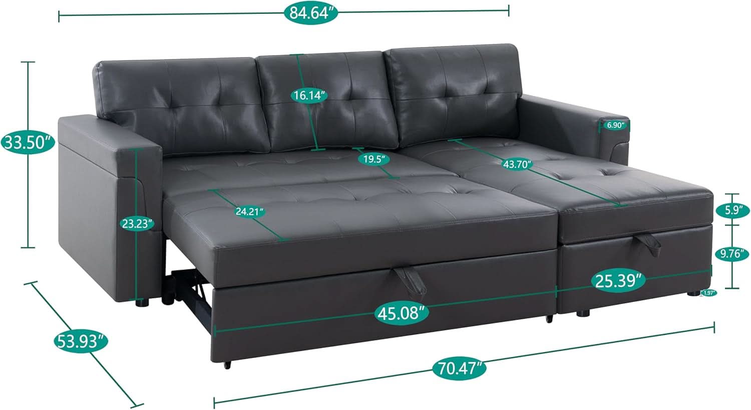 L Shaped Sectional Sofa Sleeper Storage Chaise Dark Gray
