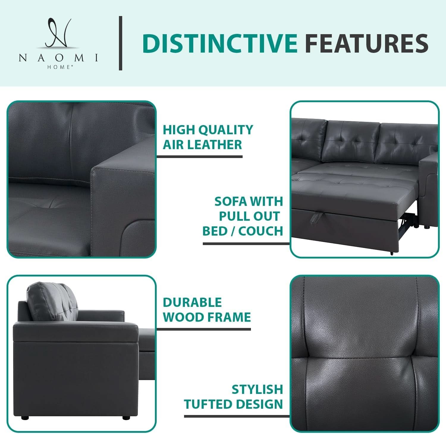 L Shaped Sectional Sofa Sleeper Storage Chaise Dark Gray