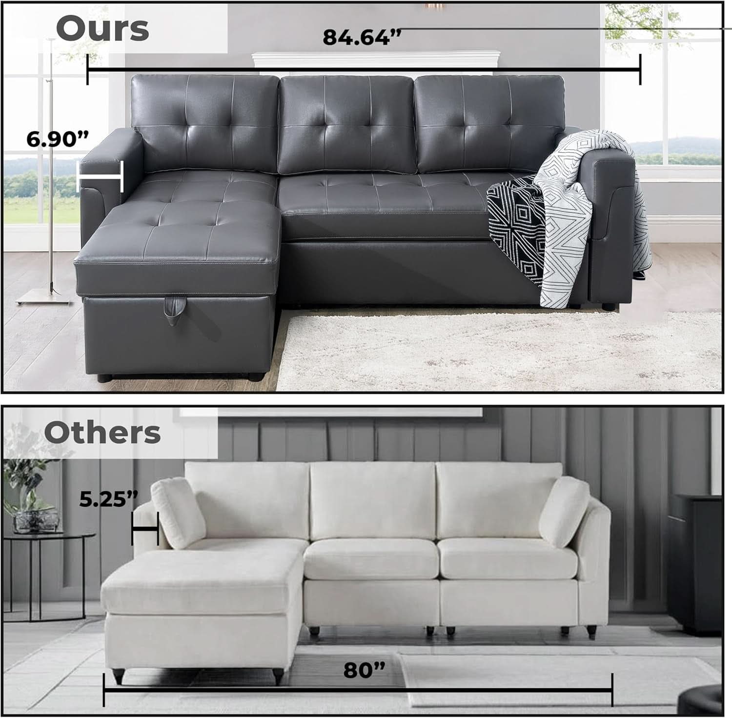 L Shaped Sectional Sofa Sleeper Storage Chaise Dark Gray