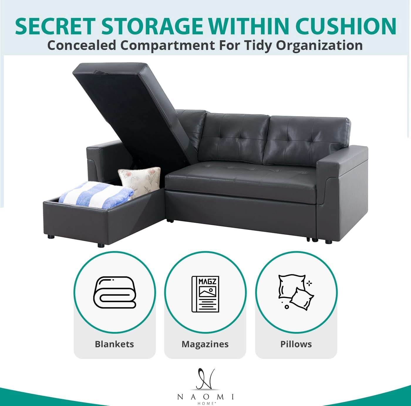 L Shaped Sectional Sofa Sleeper Storage Chaise Dark Gray