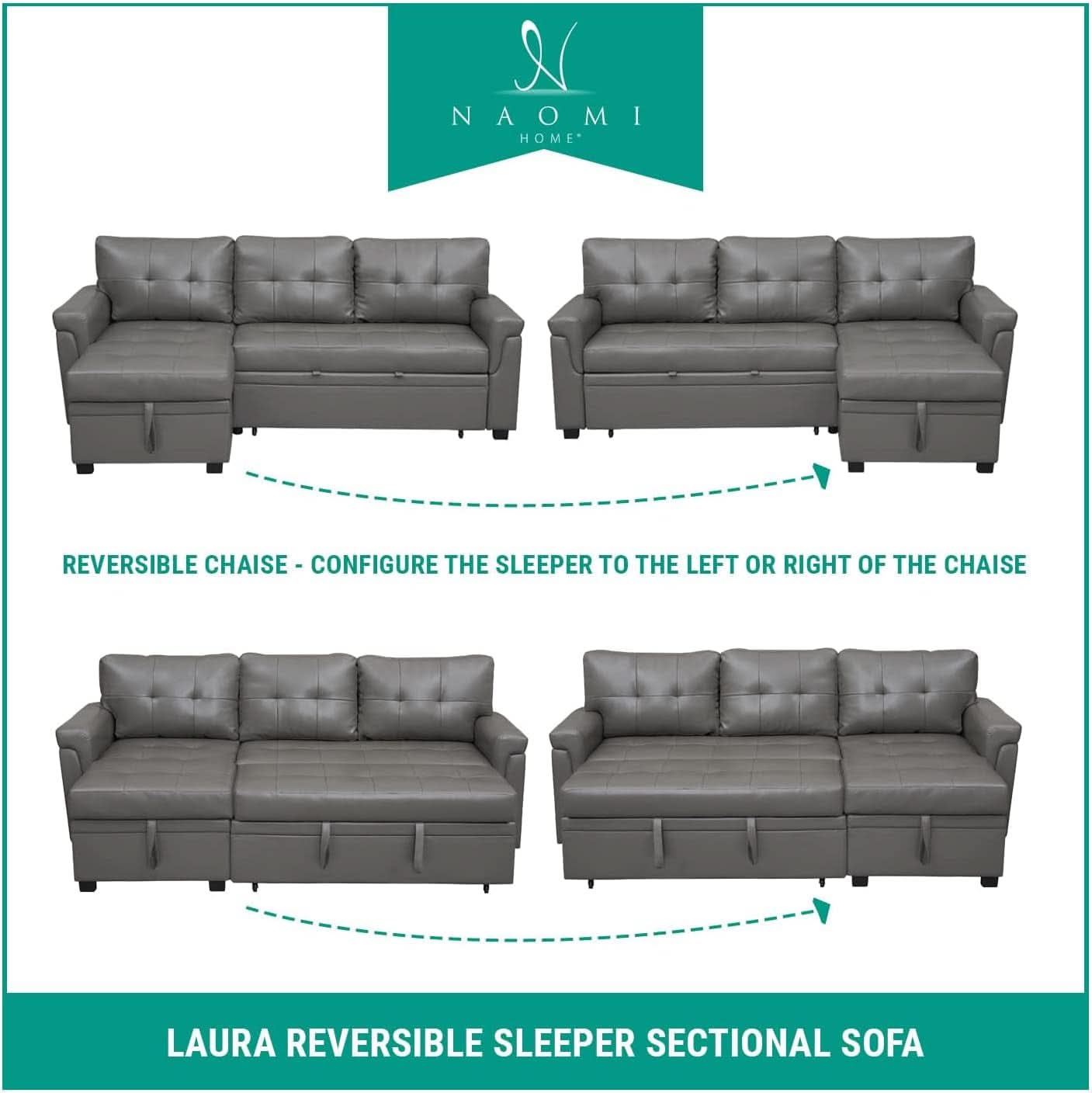 L Shaped Sectional Sofa Sleeper Storage Chaise Dark Gray