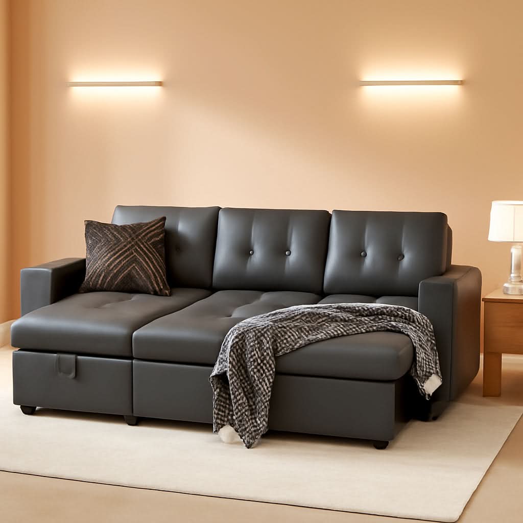 L Shaped Sectional Sofa Sleeper Storage Chaise Dark Gray