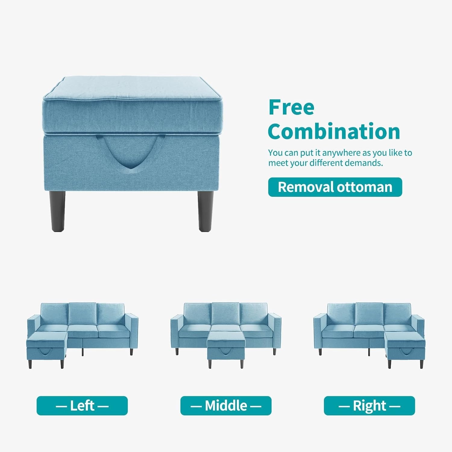 L Shaped Sectional Sofa With Movable Storage Ottoman Blue