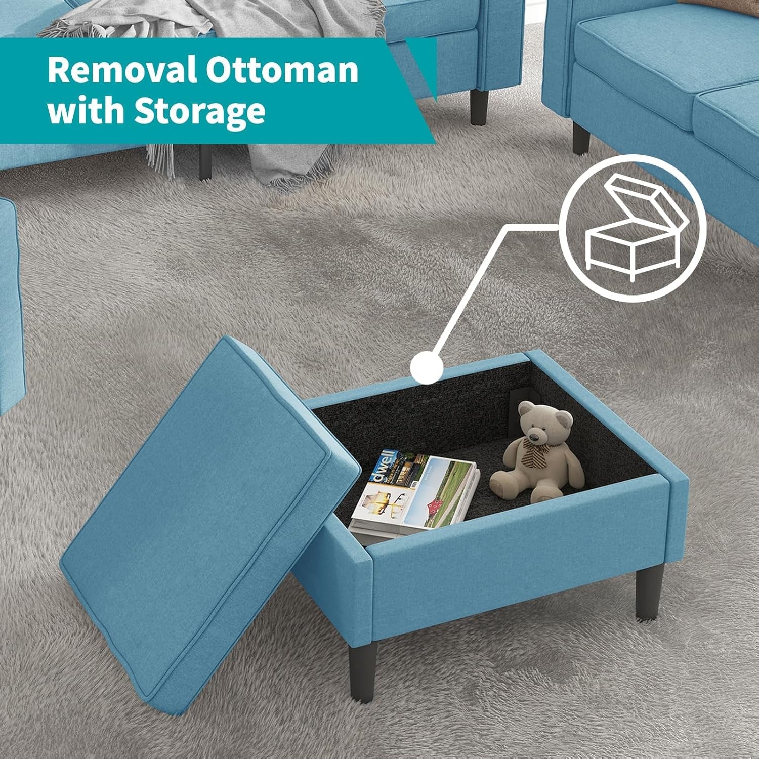 L Shaped Sectional Sofa With Movable Storage Ottoman Blue