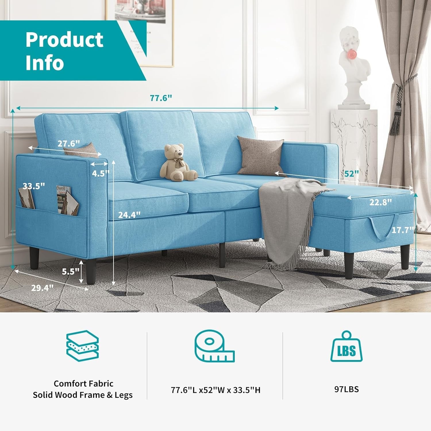 L Shaped Sectional Sofa With Movable Storage Ottoman Blue