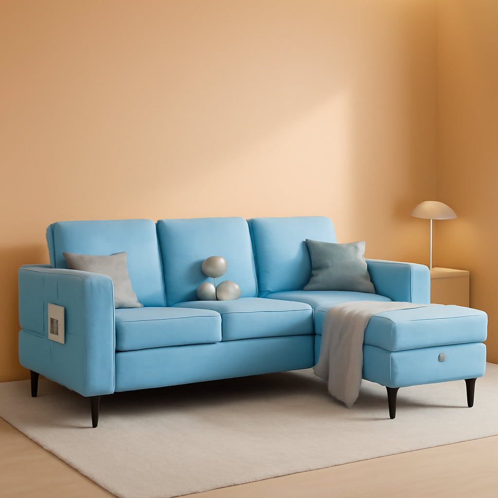 L Shaped Sectional Sofa With Movable Storage Ottoman Blue