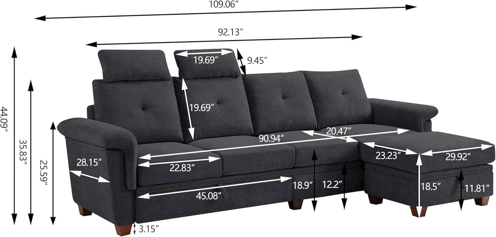 L Shaped Sectional Sofa With Storage Chaise Dark Grey