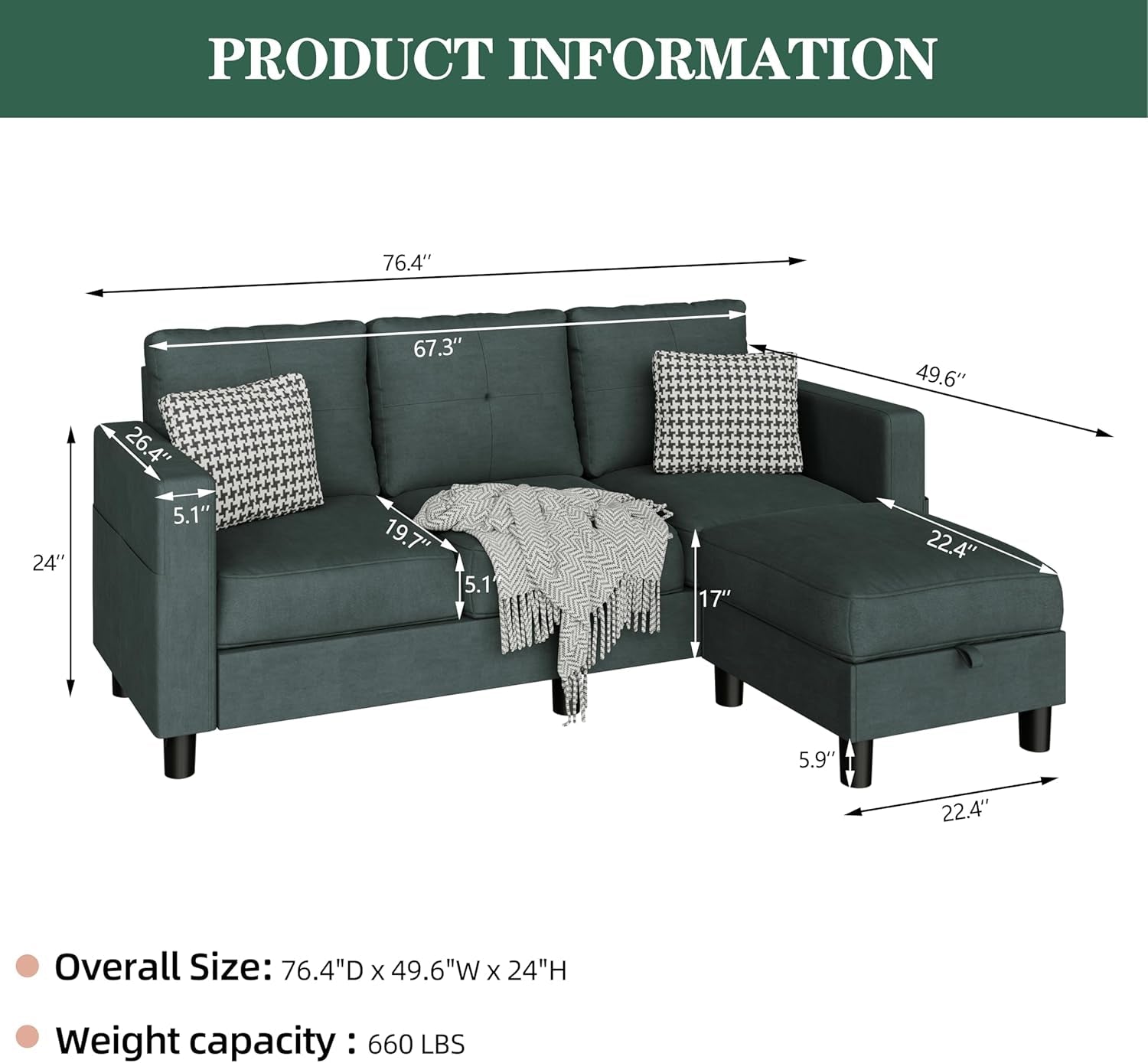 L Shaped Sectional Sofa with Storage and Ottoman