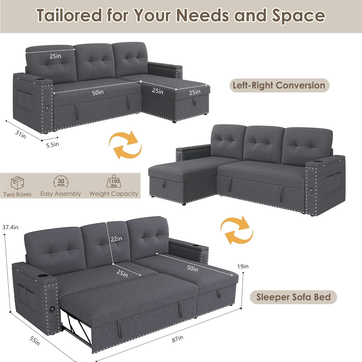 L Shaped Sleeper Sofa Bed with Storage and USB Port