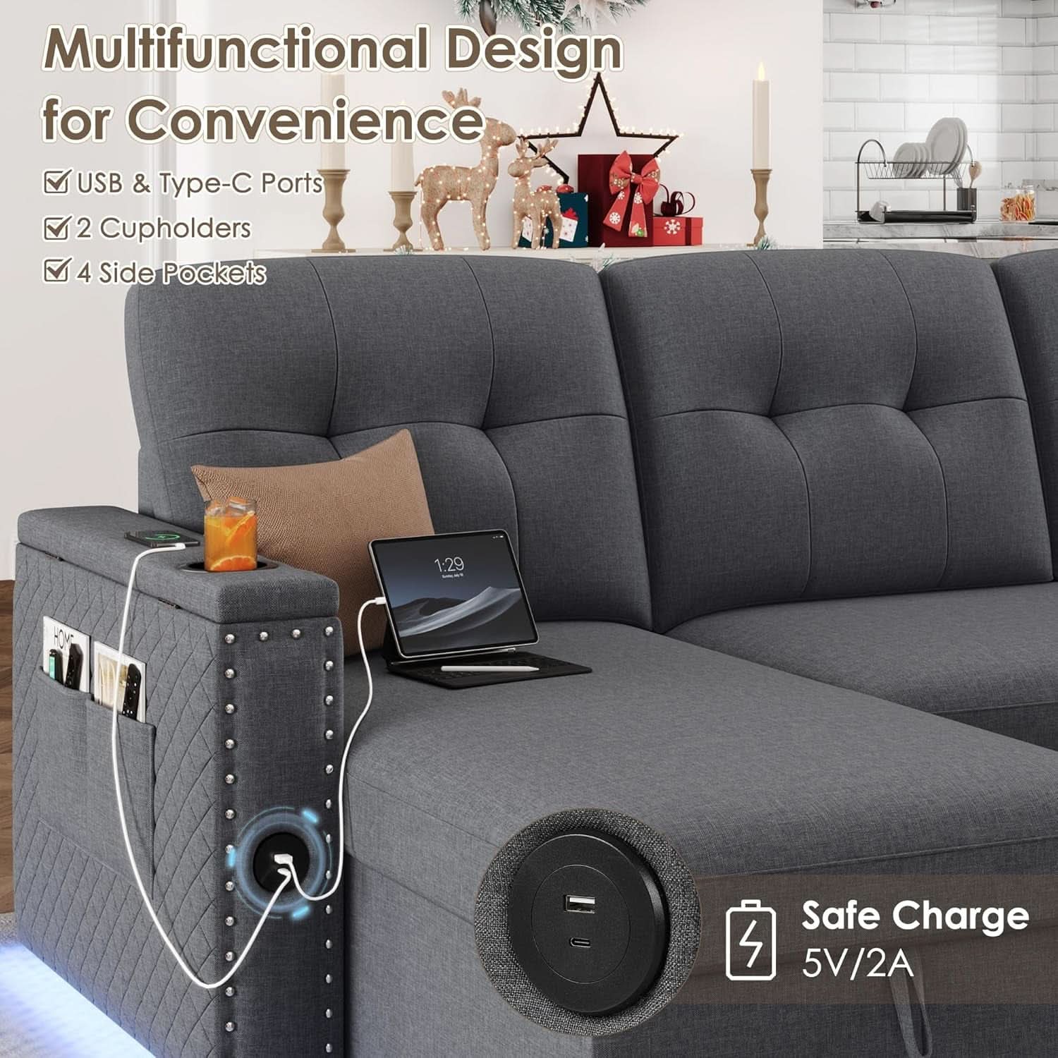 L Shaped Sleeper Sofa Bed with Storage and USB Port