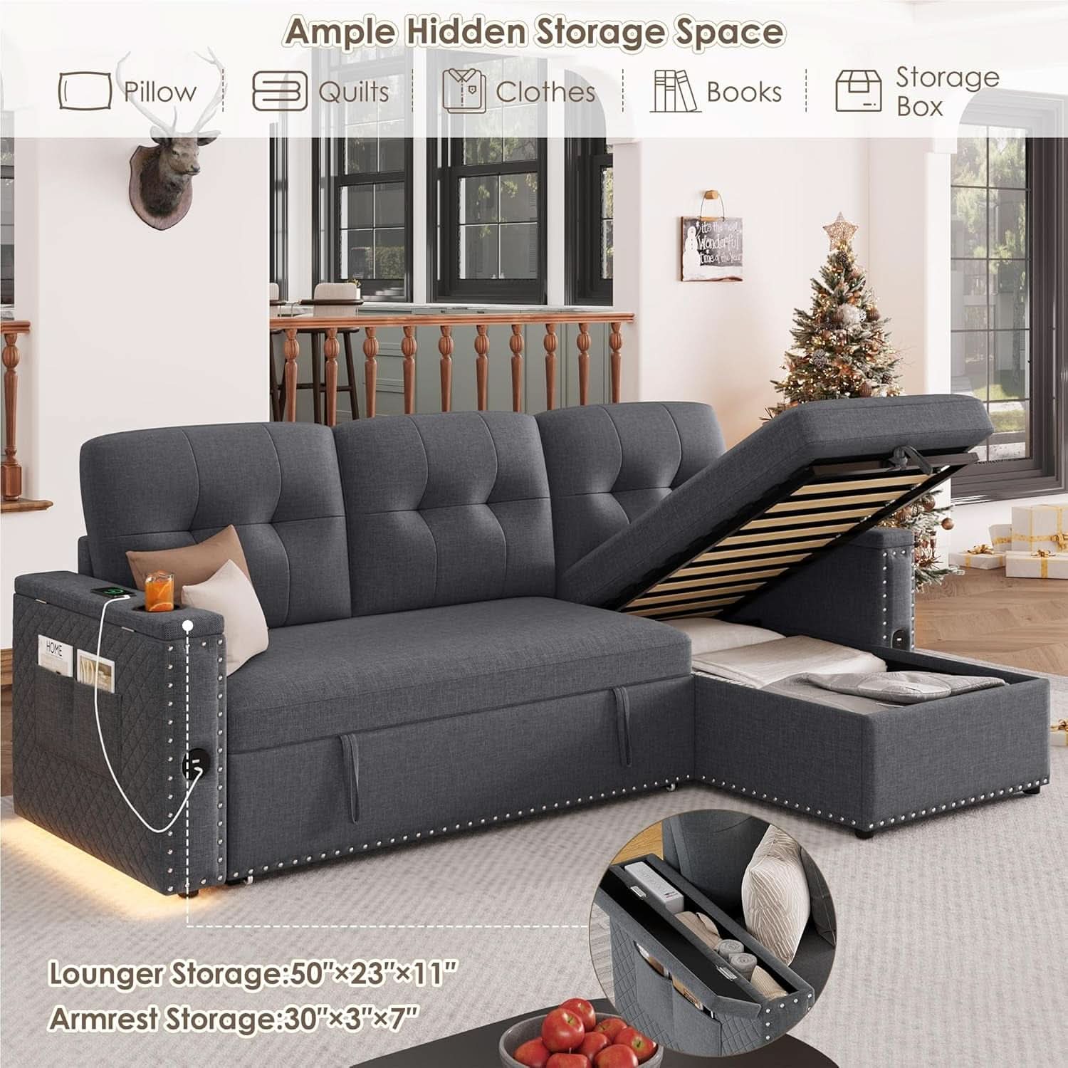 L Shaped Sleeper Sofa Bed with Storage and USB Port