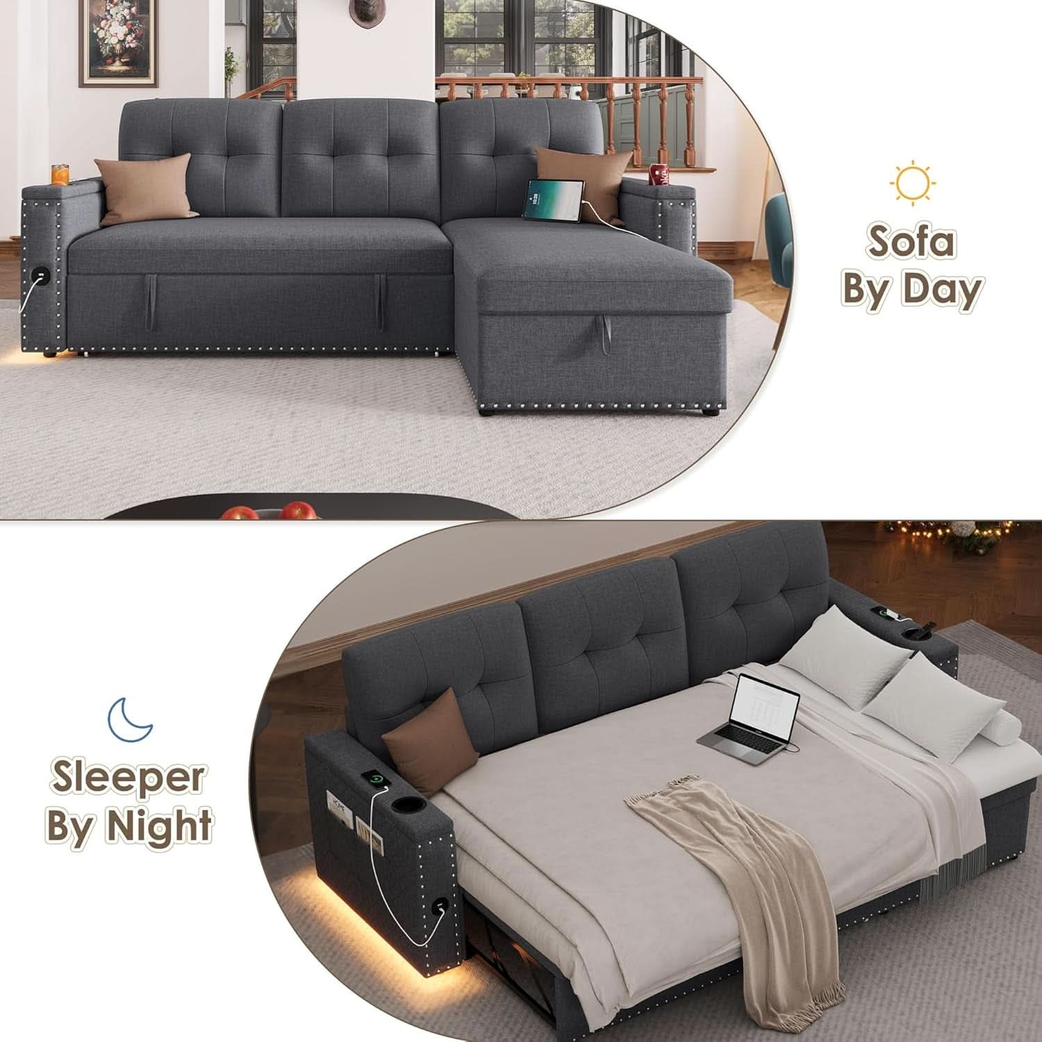 L Shaped Sleeper Sofa Bed with Storage and USB Port