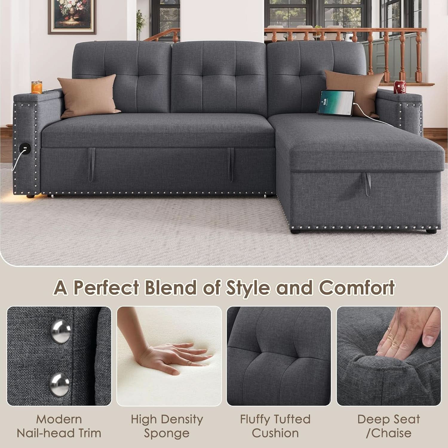 L Shaped Sleeper Sofa Bed with Storage and USB Port