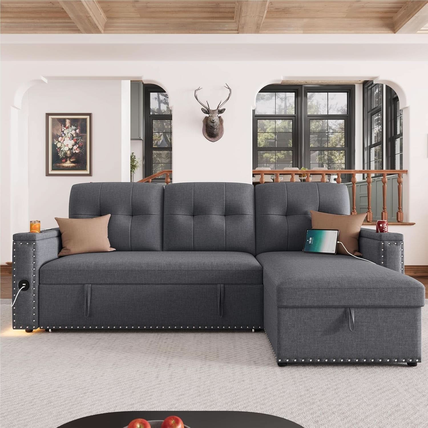 L Shaped Sleeper Sofa Bed with Storage and USB Port