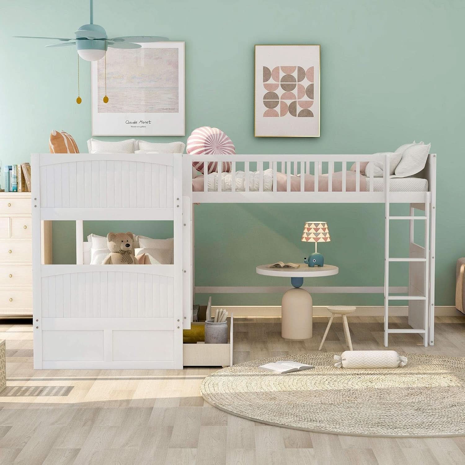 L Shaped Solid Wood Bunk Bed White Twin Over Twin Over Twin With 2 Drawers