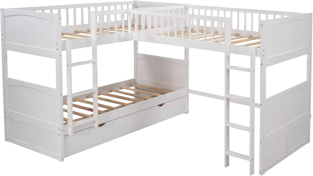 L Shaped Solid Wood Bunk Bed White Twin Over Twin Over Twin With 2 Drawers