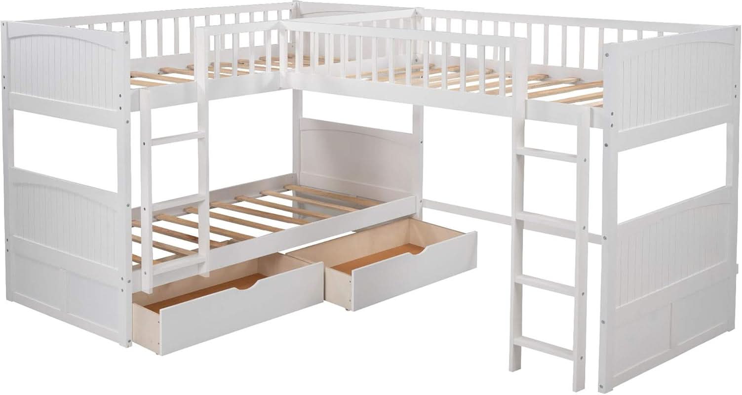 L Shaped Solid Wood Bunk Bed White Twin Over Twin Over Twin With 2 Drawers