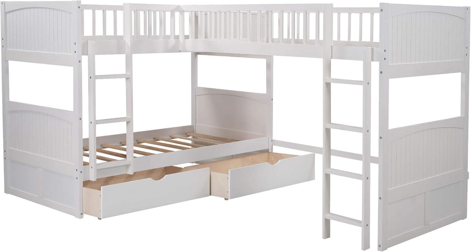L Shaped Solid Wood Bunk Bed White Twin Over Twin Over Twin With 2 Drawers