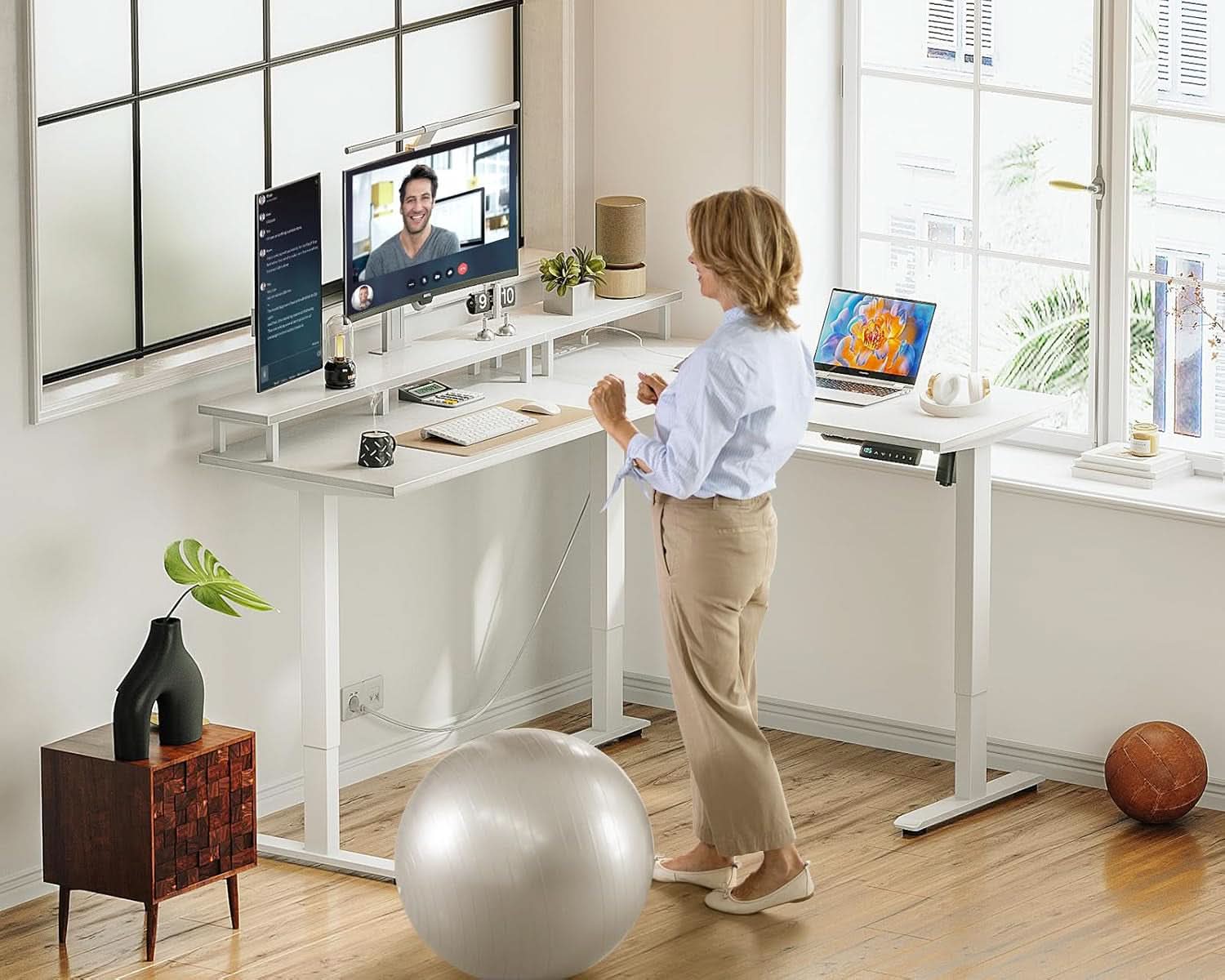 L Shaped Standing Desk 59 Inch Height Adjustable White